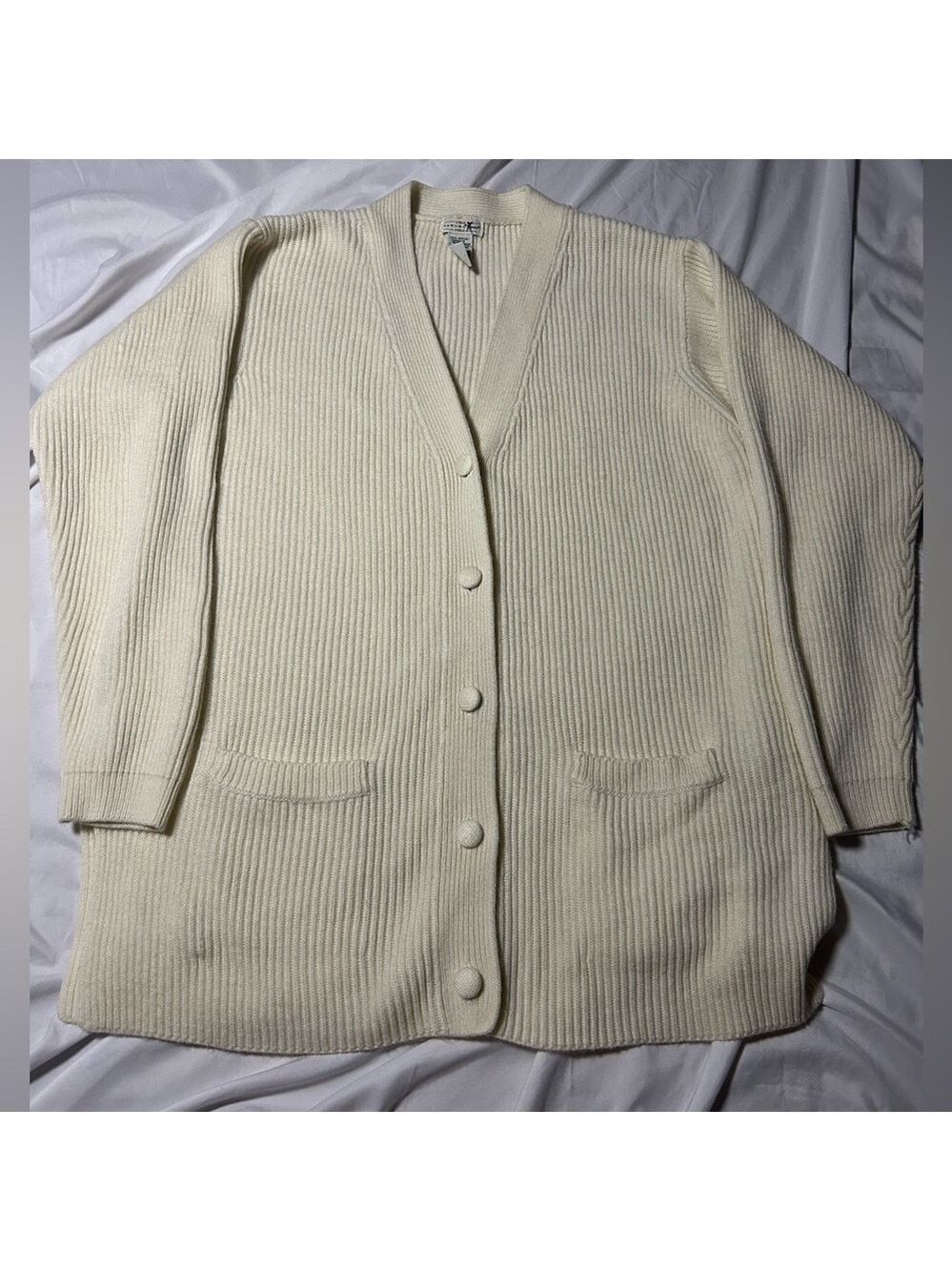Yarnworks Sweater Cardigan Women Large Ivory Ribbed Slouchy Grandpa Vintage